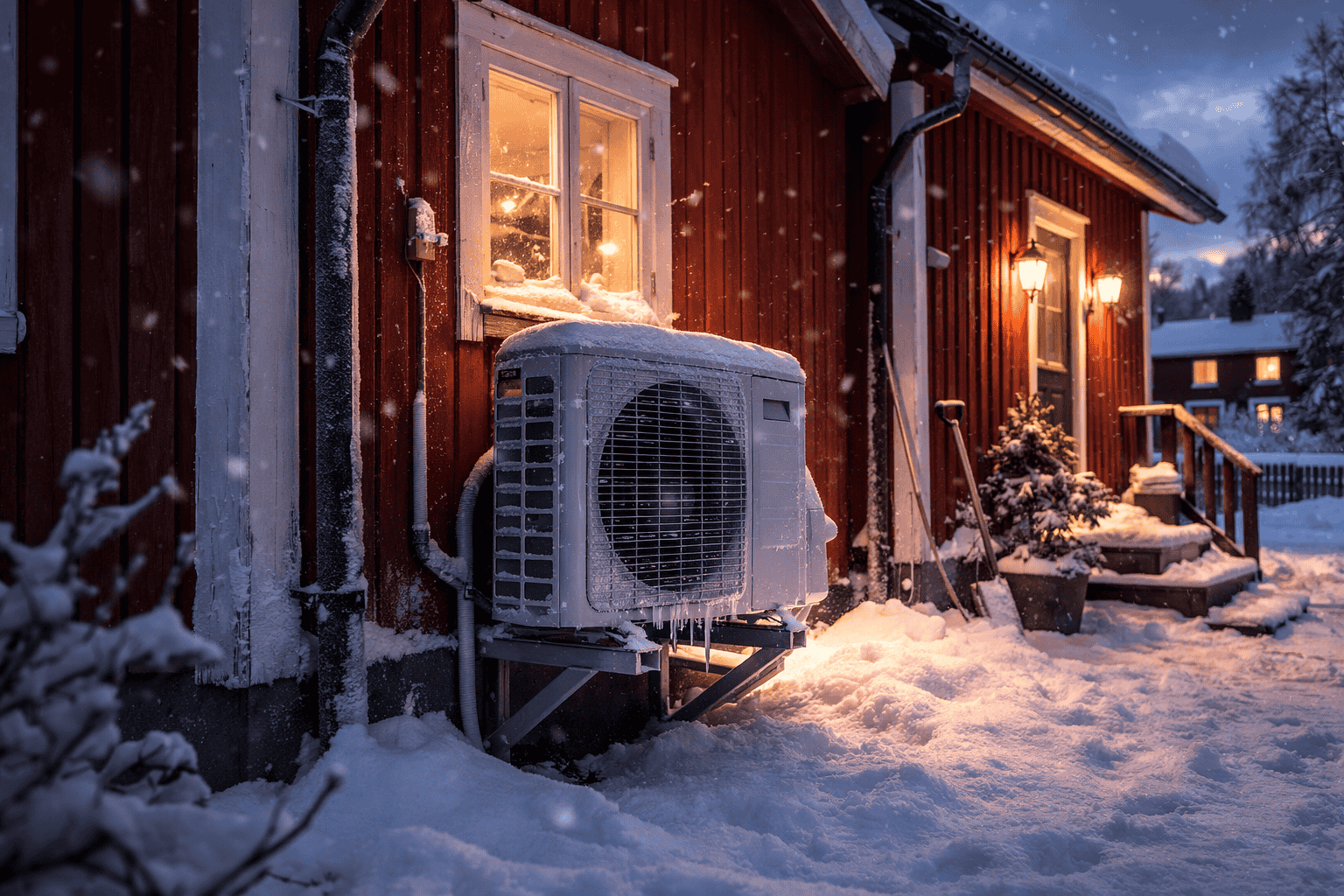 luftvarmepumpe utenfor huset om vinteren